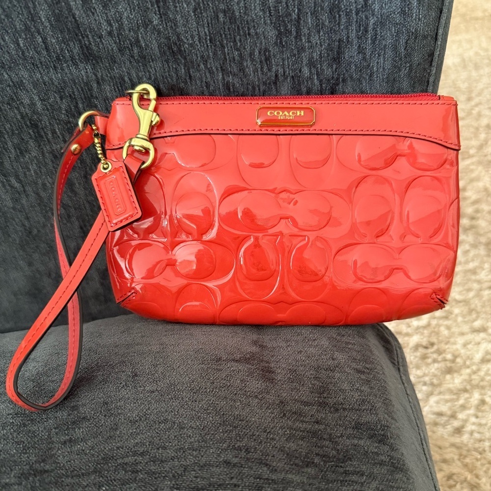 Coach authentic Papaya Orange Embossed Patent leather with hang tag